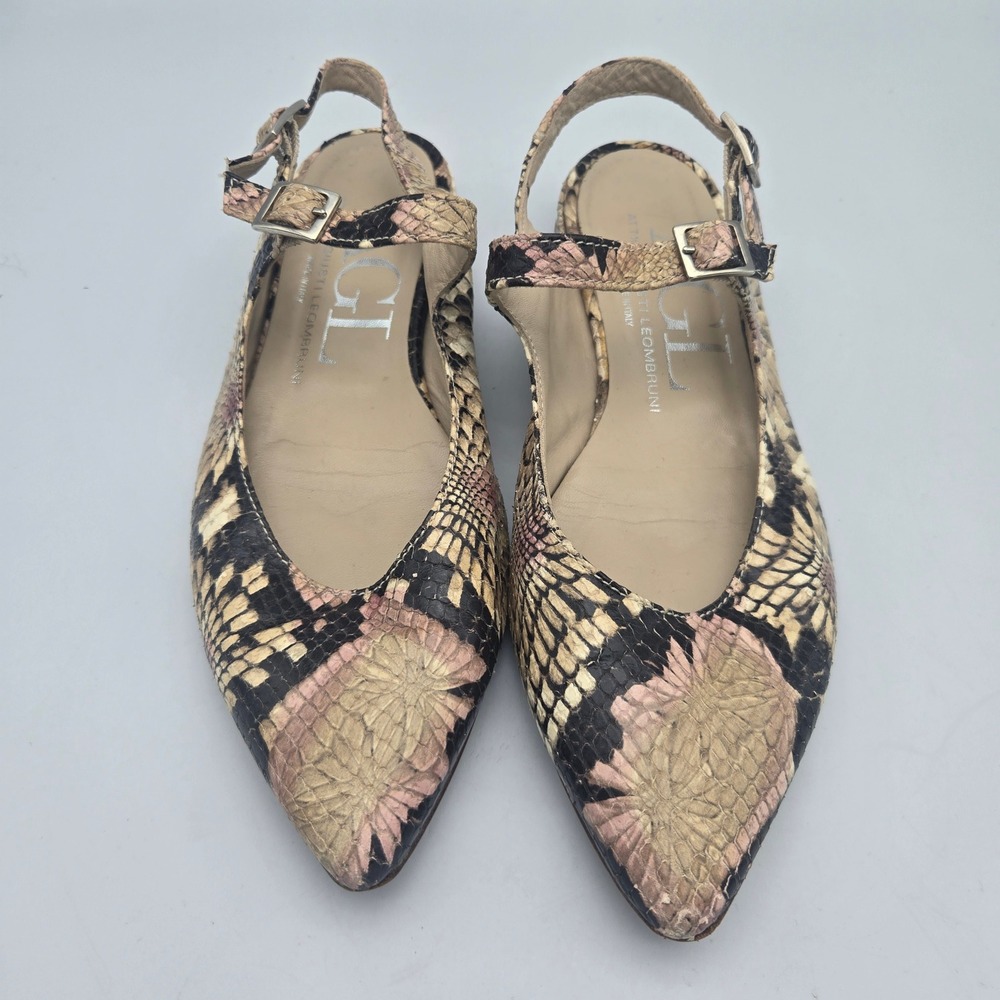 AGL Slingback Flats Womens 37 Beige Pink Faux Snakeskin Pointed Toe Giusty Italy